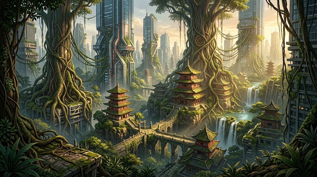 A sprawling futuristic city overgrown with jungle and ancient pagodas