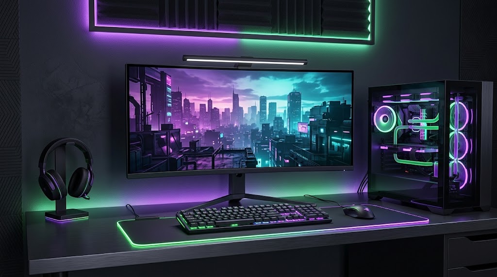 An RGB-lit gaming desk setup with a monitor, PC tower, keyboard and mouse