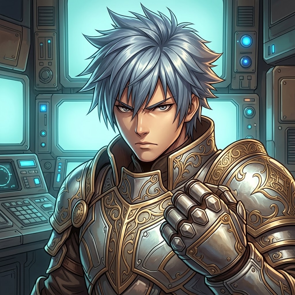 An armored warrior with silver hair clenching an armored fist