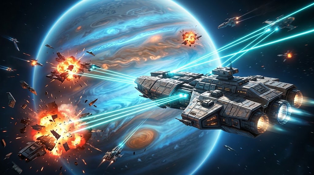 A spaceship battle near a gas giant planet with laser fire and explosions