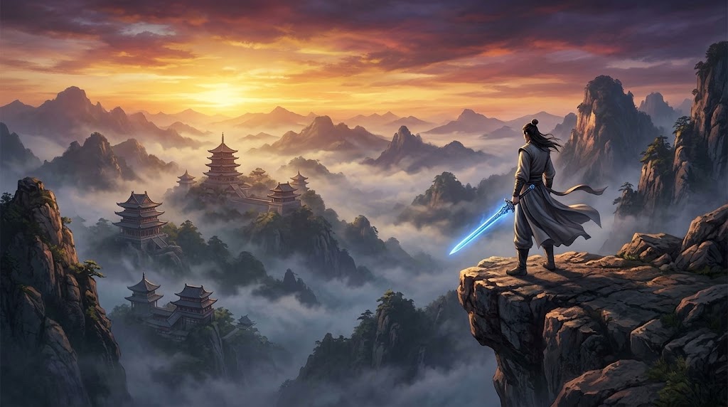 A cloaked warrior with a glowing blade overlooks a misty mountain range of ancient temples at sunset